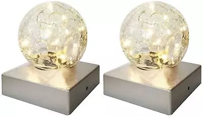 2 Solar Deck Cap Post Lights Outdoor Garden Crackle Glass Ball Lights Warm White • £14.95