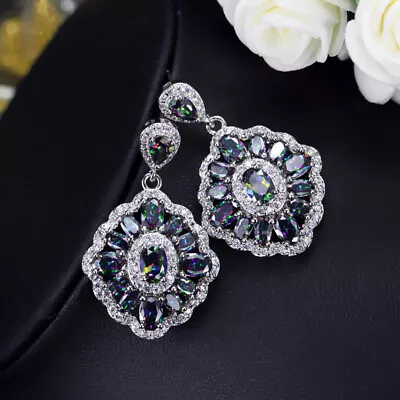 CWWZircons Luxury Brand CZ Lady Dangle Drop Blue Rainbow Fire Mystical Earrings • $9.49