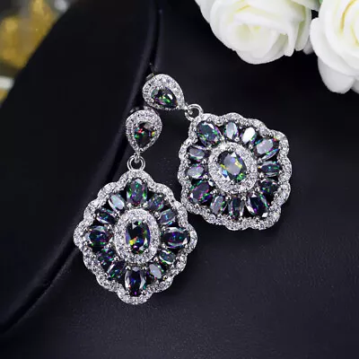 Vintage Dangle Drop Blue Mystical Rainbow Fire CZ Women Dancing Party Earrings  • $9.97