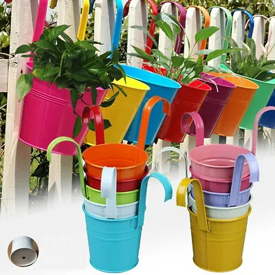 10 Colors Metal Hook Flower Pot Hanging Balcony Plant Holder Fence Pots 10-30Pcs • £27.79