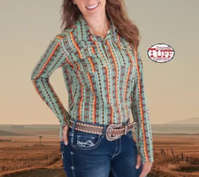 Cowgirl Tuff Women's Sport Jersey Pullover Turquoise/Coral Aztec S Tiny Tuff NEW • $44.99