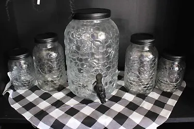 Bee Honeycomb Pint Quart And Gallon Size Mason Style Jars Set Of 5 • $125