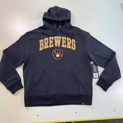 Men's Large '47 Brand Milwaukee Brewers Blue Stitched Varsity Hoodie Sweatshirt • $44.99