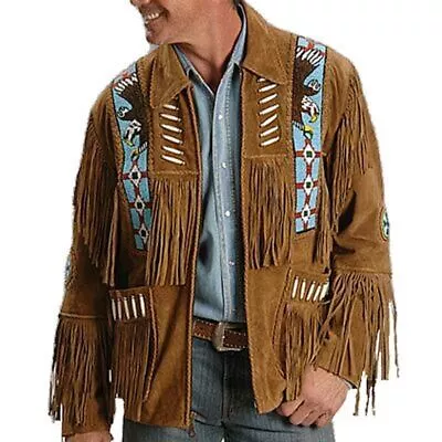 Men Native American Western Cowboy Leather Suede Jacket Zip Eagle Fringe & Beads • $119.99