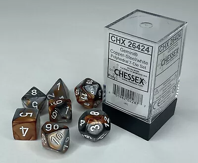 Chessex Gemini Copper Steel White Polyhedral 7 Dice Set CHX 26424 TTRPG Die • $11.29
