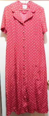 Leslie Fay Women's Size 16 Button Front Red W/White Dots & Side Slits Long DRESS • $24.99