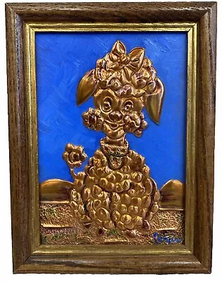 Vntg Hand Tooled Copper POODLE With Oil Paint Background Framed Signed Wall Art • $39.99