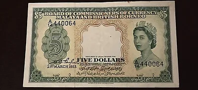 Malaya And British Borneo Banknote 5 Dollar 1953 Queen Elizabeth II Scare Note • £290