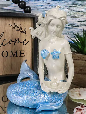 Nautical Ocean Goddess Pretty Mermaid With Blue Tail Holding Pearl Shell Statue • $26.99