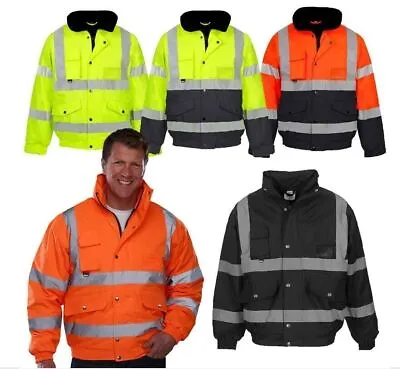 Hi Vis Viz High Visibility Bomber Jacket Waterproof Safety Work Security Coat • £11.49