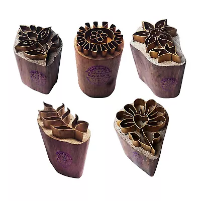 £11.99 • Buy Floral Brass Wooden Printing Stamps (Set Of 5) - DIY Fabric, Clay, Pottery Block