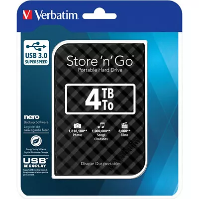 Verbatim Store N Go Portable Hard Drive 4TB 53223 Black • $179