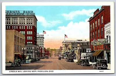 Massillon Ohio~Lincoln Way West~Merchants Bank~Linen Postcard • $13