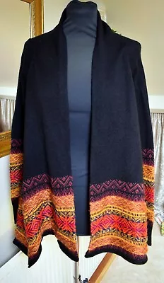 Monsoon Black Wool Blend Open Front Cardi Gold Orange Fairisle Hem Detail M • £9.99