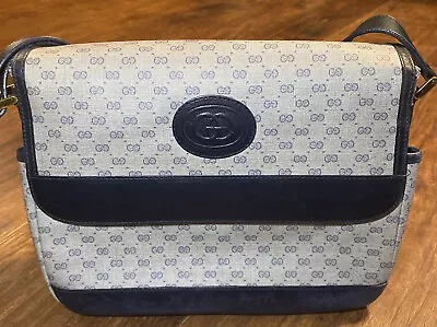 Vtg Gucci Crossbody Purse Blue/Gray GG With Authentic Gucci Charm & Cloth Bag • $200