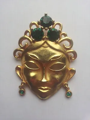 Butler & Wilson Brooch Large Mask In Gold Green Crystals Brooch Rare Vintage • £179.99