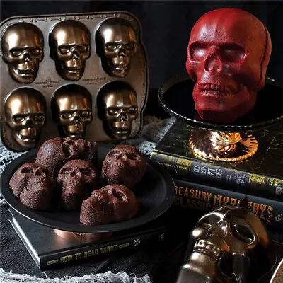 3D Skull Mold Aluminum Baking Pan Halloween Skull Chocolate Fondant Mold Moulds • £10.89