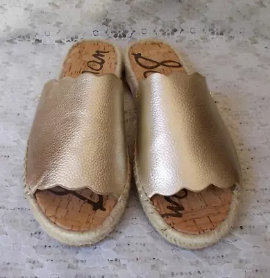 SAM EDELMAN SLIDES Andy Espadrille Gold Pebble Leather Scalloped Women's 6 • $19.99