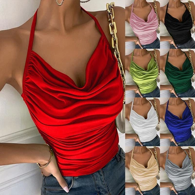 £3.19 • Buy Women Sexy Ruffle V Neck Cami Tops Clubwear Beach Halter Strappy Vest T Shirt