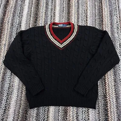 Vintage Polo Ralph Lauren Sweater Men Large Black Deep V Neck Cricket Wool Knit • $249.91