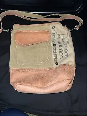 Boho Recycled Olive/Tan Military Tent Canvas Truck Tarp Crossbody Bag Leather • $27.88