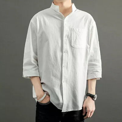 Mens Linen Button Casual Short Sleeve Shirt Grandad Mandarin Collar Tops Blouse • $20.28