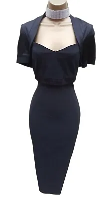 10 UK KAREN MILLEN Classy Black Corset Attached Bolero Style Tuxedo Pencil Dress • £79.99