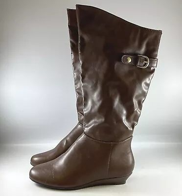 Merona Boots Women's 6 Brown Buckle Accent Round Toe Knee High Western Pull On • $11.99