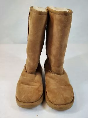 UGG Girls Classic II 1017713K Brown Leather Pull On Shearling Boots Size 3 • $15.99