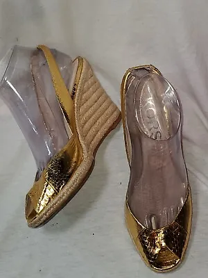 Mk Michael Kors Gold Lame Wedge Open Toe/back Ladies Shoes Size 8m Side Buckle • $44.99