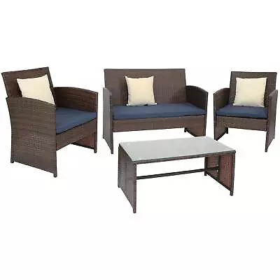 Ardfield Rattan 4-Piece Patio Furniture Set - Brown And Navy Blue By Sunnydaze • $299