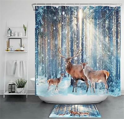 Sunshine Winter Snow Forest Deer Elk Reindeer Shower Curtain Set Bathroom Decor • $10.99