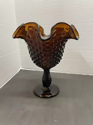 Vtg Fenton Glass Dark Amber Hobnail Ruffled Edge Footed Compote 8” • $40