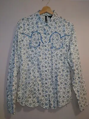 RU Cowgirl Western Shirt Womens White Blue Floral Pearl Snap Long Sleeve Size L • £23