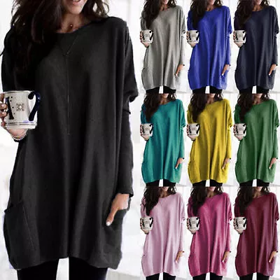 Womens Casual Baggy Tunic Tops Ladies Pocket Long Sleeve T Shirt Pullover Blouse • £12.49