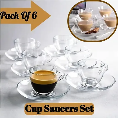 Clear Glass Cup Saucer Set Of 6 For Home Kitchen Coffee Cappuccino Tea Set • £15.49