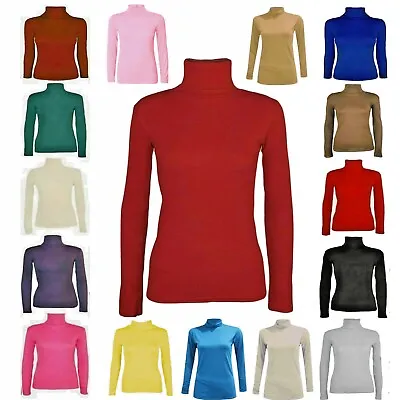 £5.99 • Buy Ladies Long Sleeve Polo Neck Roll Neck Top Womens Turtle Neck Plain Jumper 8-26