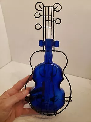 Vintage Guitar Shaped Metal Bottle Holder & Cobalt 8  Violin Cello Viola Bottle  • $32