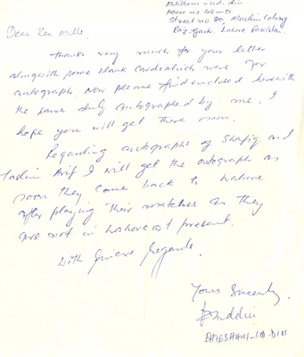 £25 • Buy Ehtesham-Ud-Din - Pakistan Test Cricketer - Signed Handwritten Letter.
