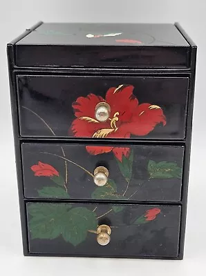 Vintage Black Lacquered Three Drawer Mirrored Jewelry Box W/Bird & Red Flower • $7.99