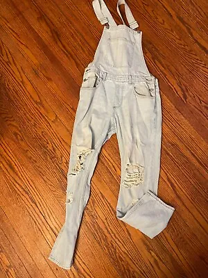 FOREVER 21 MEN Large DENIM JUMPER JUMPSUIT PAINTER SUIT JEANS LIGHT BLUE • $25.99