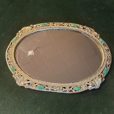 Vintage 1950-60’s Jeweled Rhinestone Framed Mirrored Vanity Perfume Tray • $29.99