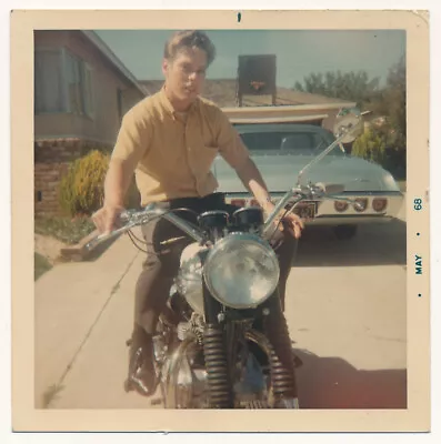 COLLEGE BOY On NORTON ? Motorcycle 1968 CHEVY IMPALA Car 60s COLOR Photo Gay Int • $14.99