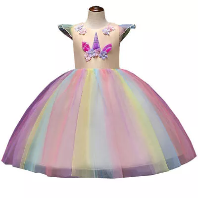 Kids Girls Rainbow Striped Unicorn Princess Tutu Dress BirthdayParty Wedding UK • £17.79