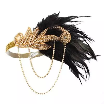1920s Flapper Headband Roaring Vintage Feather Headpiece Gold Bling Rhinestone 2 • $15.58