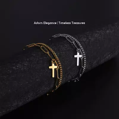 Stainless Steel Double Layer Cross Pendant Bracelet Men Women Religious Jewelry • $4.99
