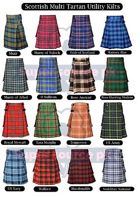 Men's Scottish Utility Kilts Two Side Pockets Fashion Multi Colors Clan Tartan • $56.99