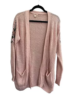 Mossimo Womens Juniors Small Embroidered Pink Open Front Cardigan Sweater #792 • $7.89