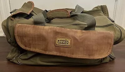 Vintage Green & Brown Leather & Canvas Jeep Wrangler Duffle Bag • $70