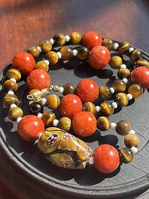 Vintage Brass Red Apple Coral / Tiger's Eye/czech Glass Beads Necklace 20” 57.8g • $19.90